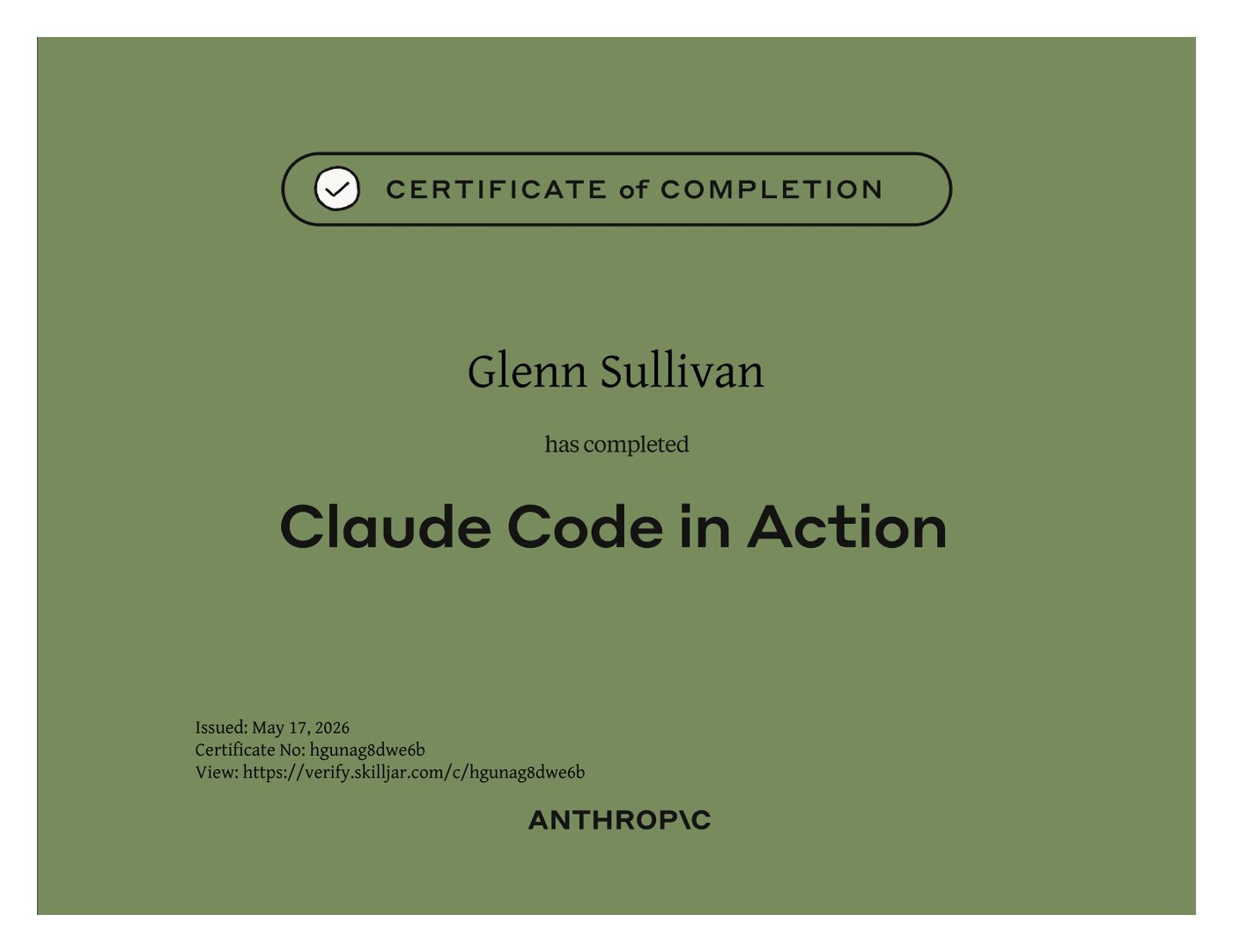 Anthropic certificate of completion: Claude Code in Action