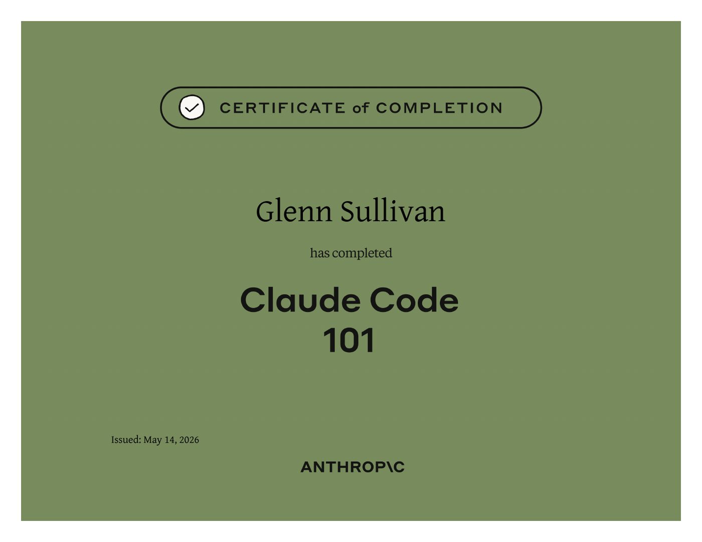 Anthropic certificate of completion: Claude Code 101