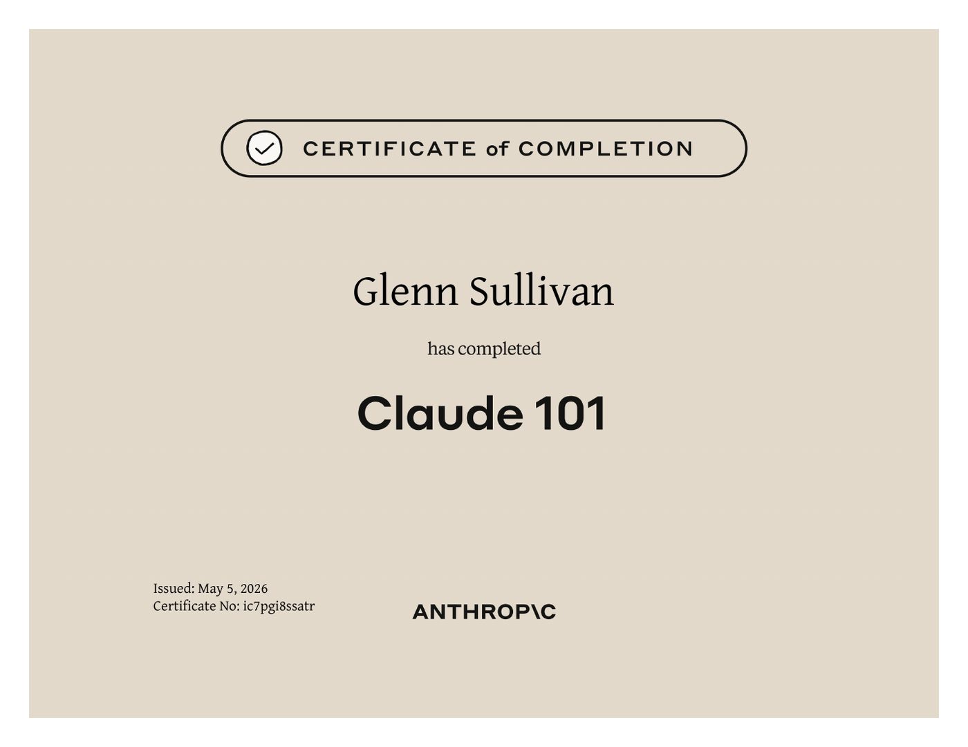 Anthropic certificate of completion: Claude 101