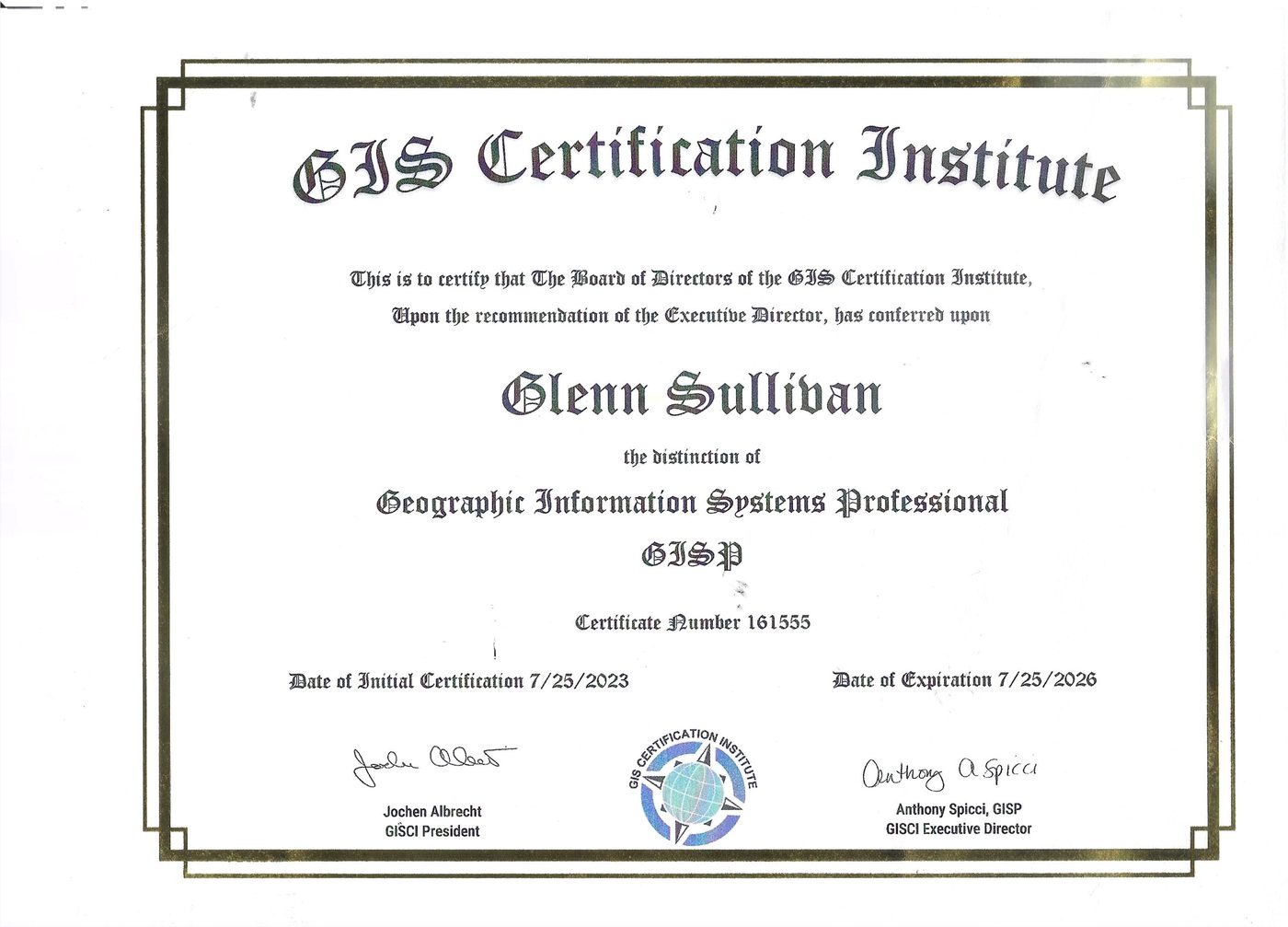 Original GISP certificate, 2023, GIS Certification Institute