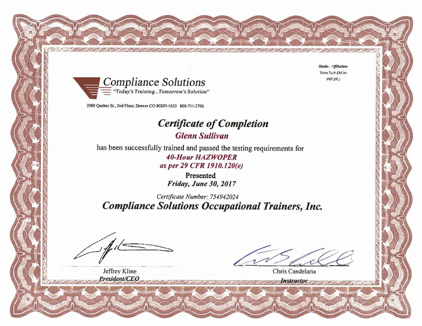 Training certificate: 40-Hour HAZWOPER (29 CFR 1910.120(e))