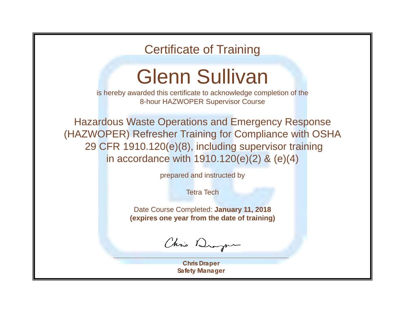 Training certificate: 8-Hour HAZWOPER Supervisor Refresher (29 CFR 1910.120(e)(8))