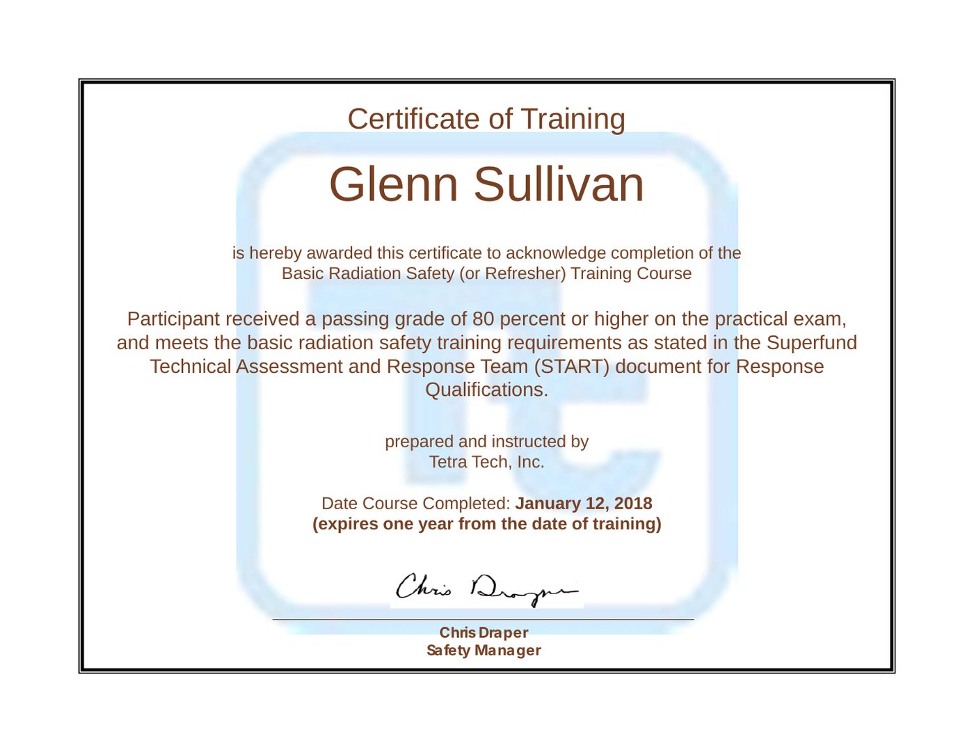 Training certificate: Basic Radiation Safety Training