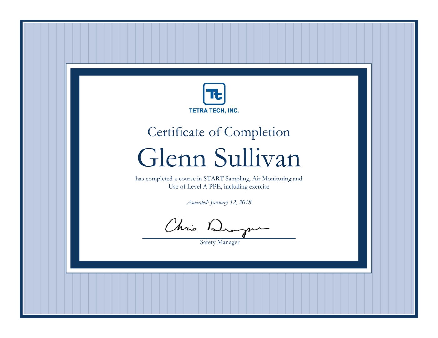 Training certificate: START Sampling, Air Monitoring & Use of Level A PPE