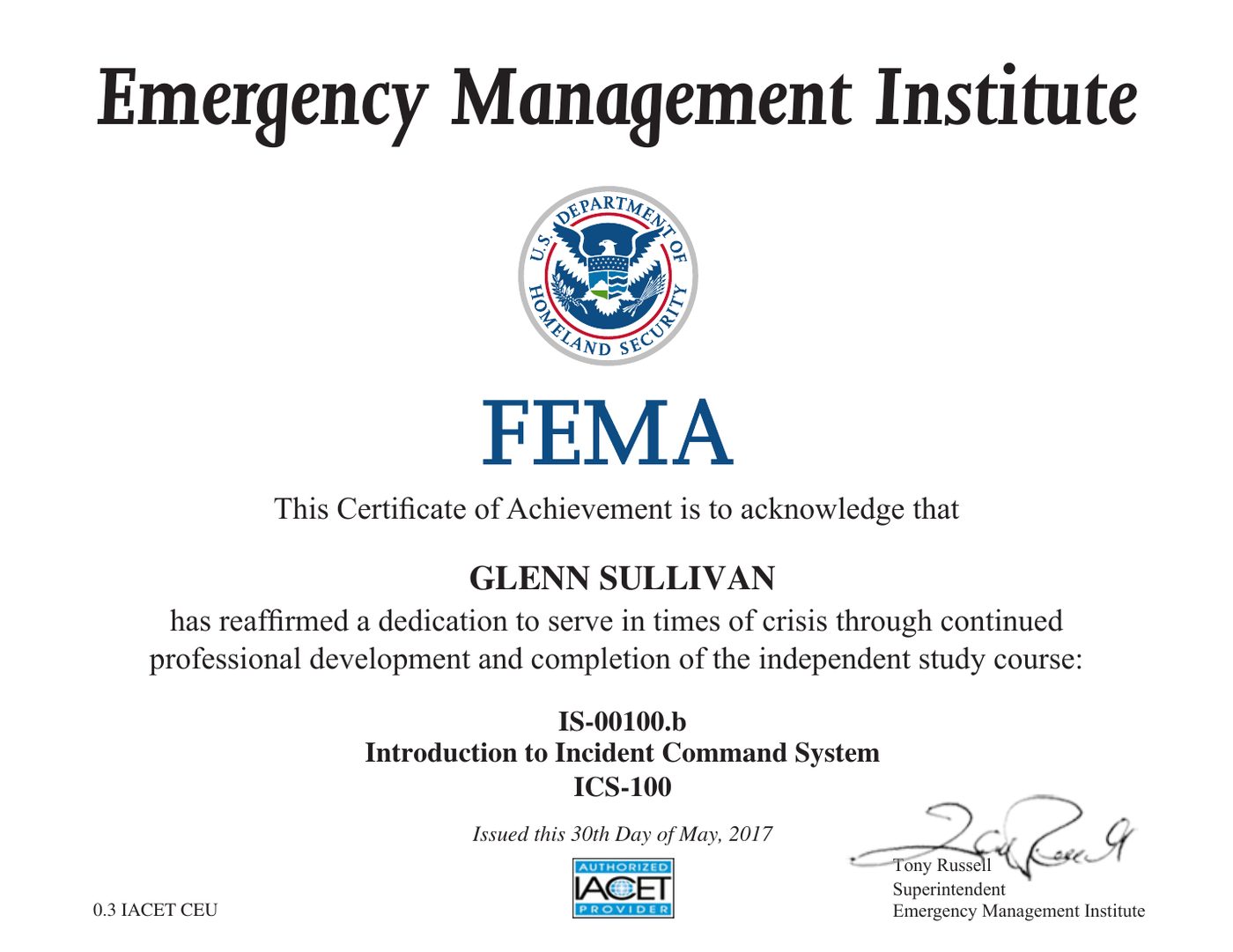 FEMA Emergency Management Institute certificate: IS-100.b — Introduction to Incident Command System (ICS-100)