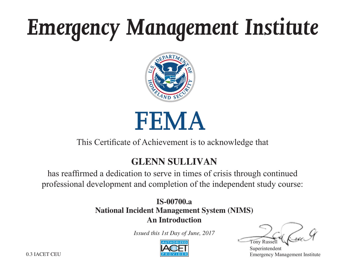 FEMA Emergency Management Institute certificate: IS-700.a — National Incident Management System (NIMS): An Introduction