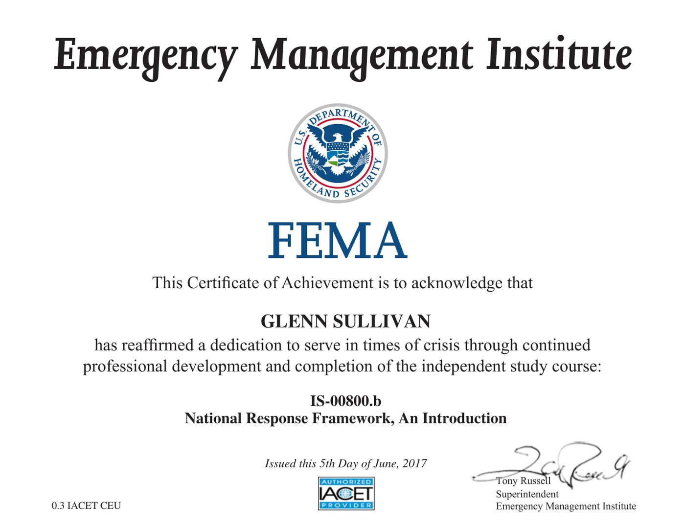 FEMA Emergency Management Institute certificate: IS-800.b — National Response Framework: An Introduction