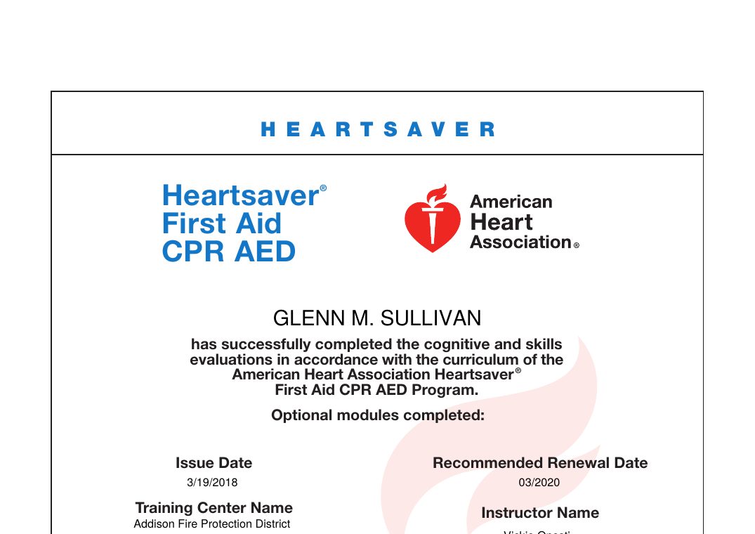 American Heart Association Heartsaver First Aid CPR AED course completion card