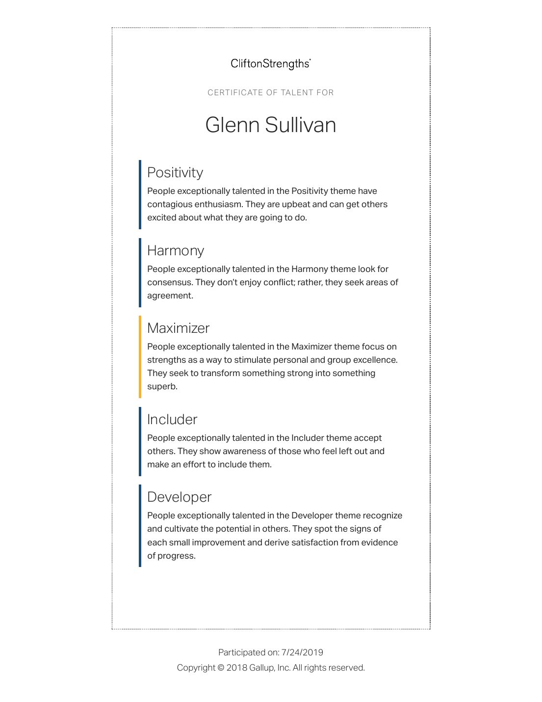 Gallup CliftonStrengths certificate of talent: Positivity, Harmony, Maximizer, Includer, Developer