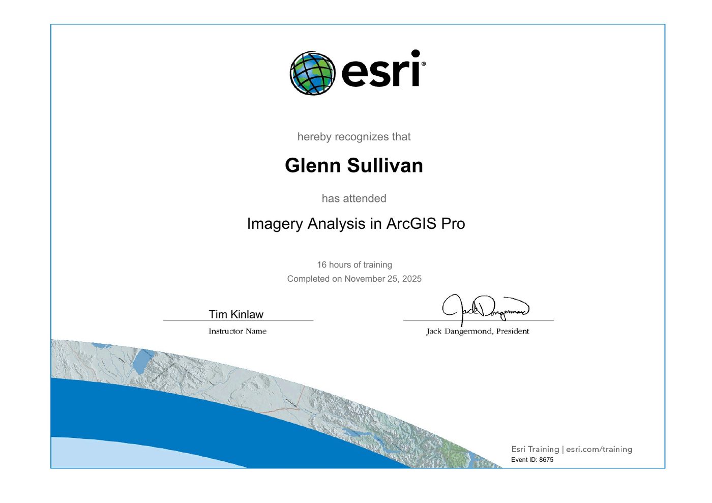 Esri training certificate: Imagery Analysis in ArcGIS Pro