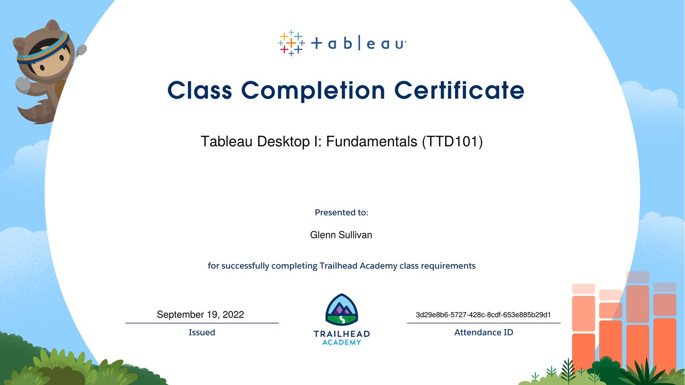 Tableau Desktop I: Fundamentals class completion certificate