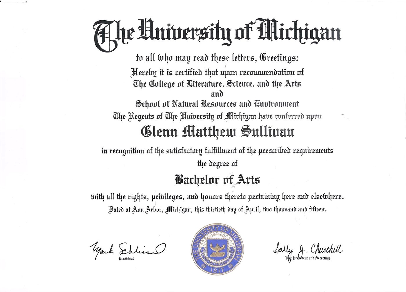 University of Michigan Bachelor of Arts diploma awarded to Glenn Matthew Sullivan
