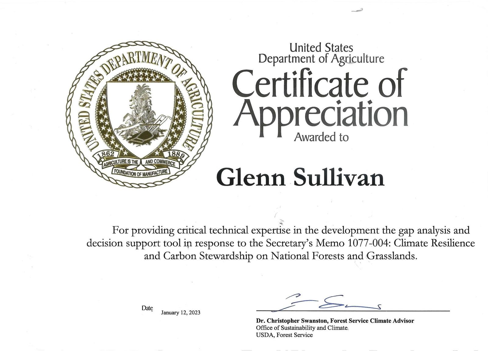 USDA Certificate of Appreciation awarded to Glenn Sullivan
