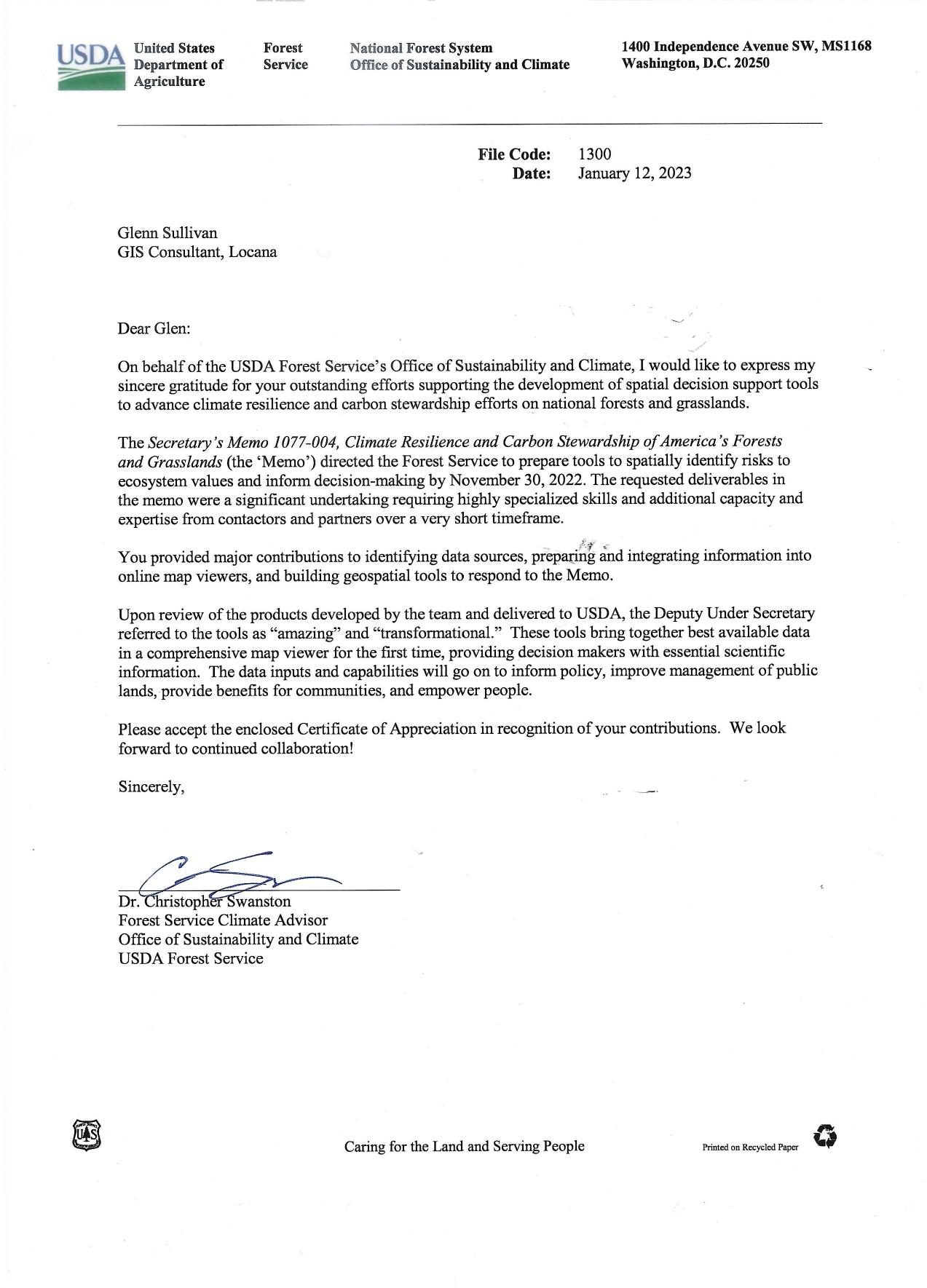 Letter of appreciation from the USDA Forest Service Office of Sustainability and Climate