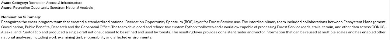 Award nomination summary for the ROS National Analysis