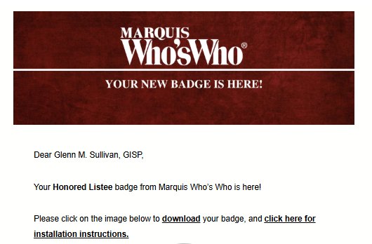 Marquis Who's Who Honored Listee badge notification