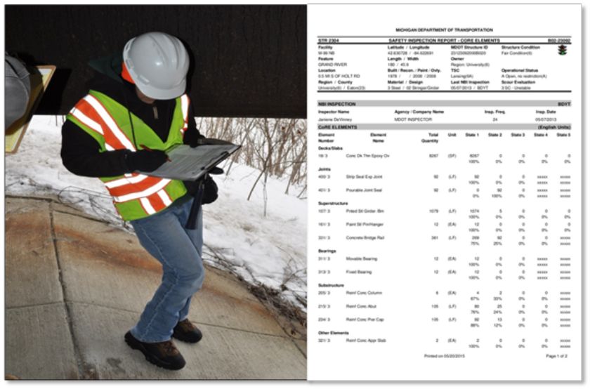 Inspector under a bridge with a clipboard, beside an MDOT safety inspection report