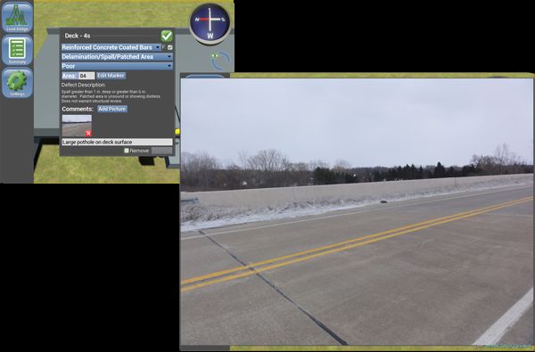 Defect record with an attached field photo of a pothole on the bridge deck