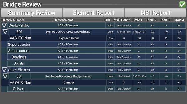 3DBridgE Element Report tab with AASHTO element quantities