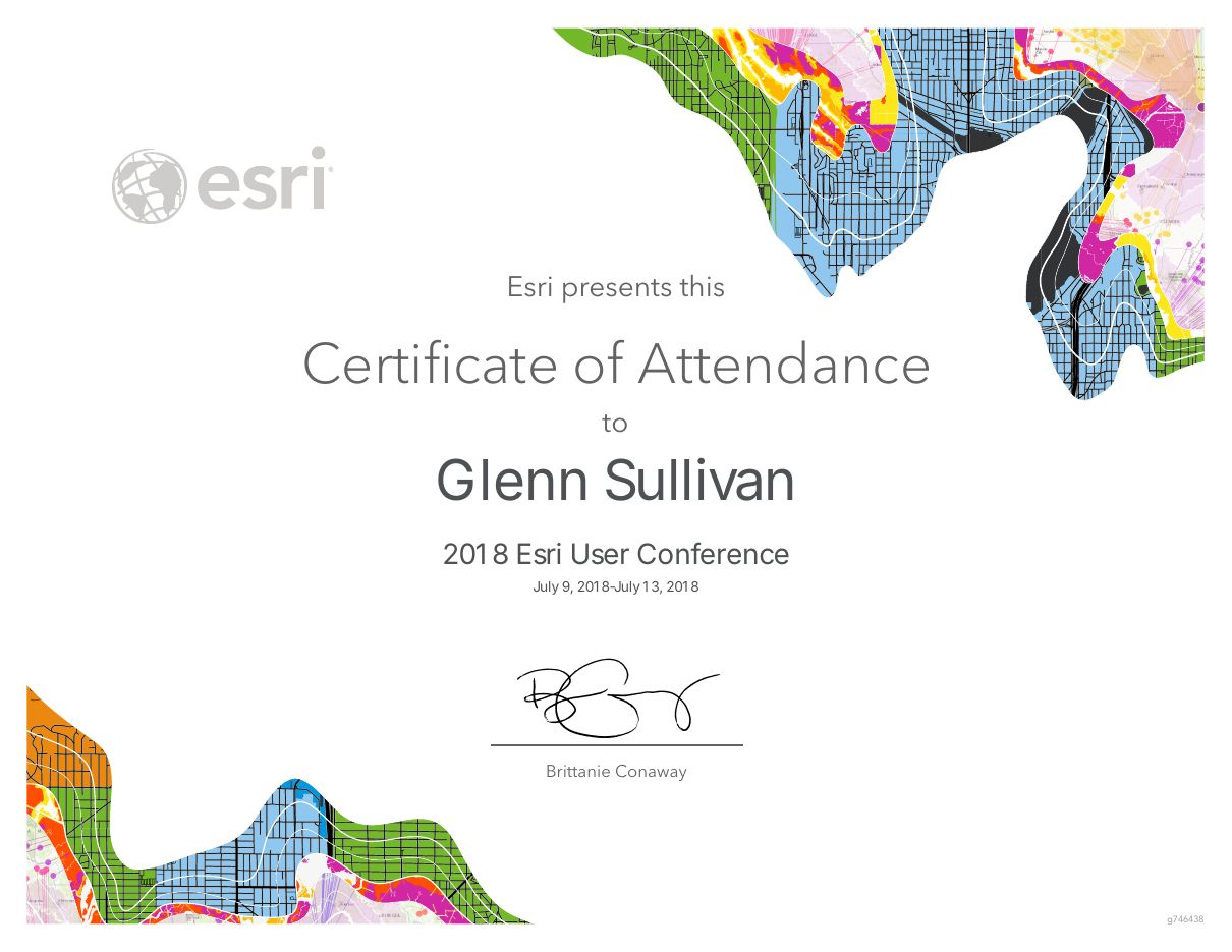 2018 Esri User Conference certificate of attendance