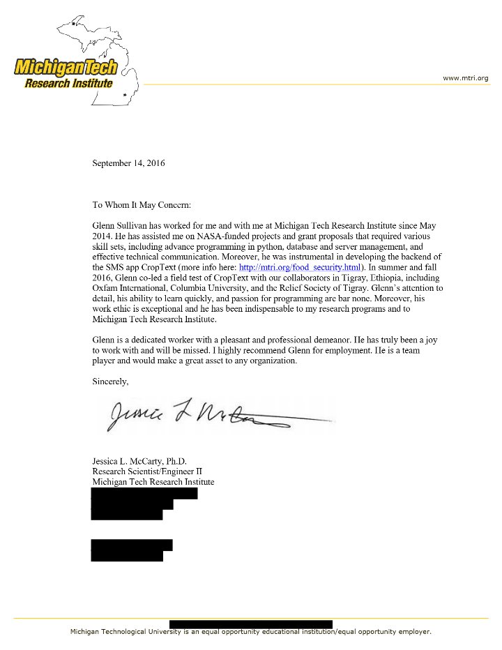 First page of the letter of recommendation from Jessica L. McCarty, Ph.D.