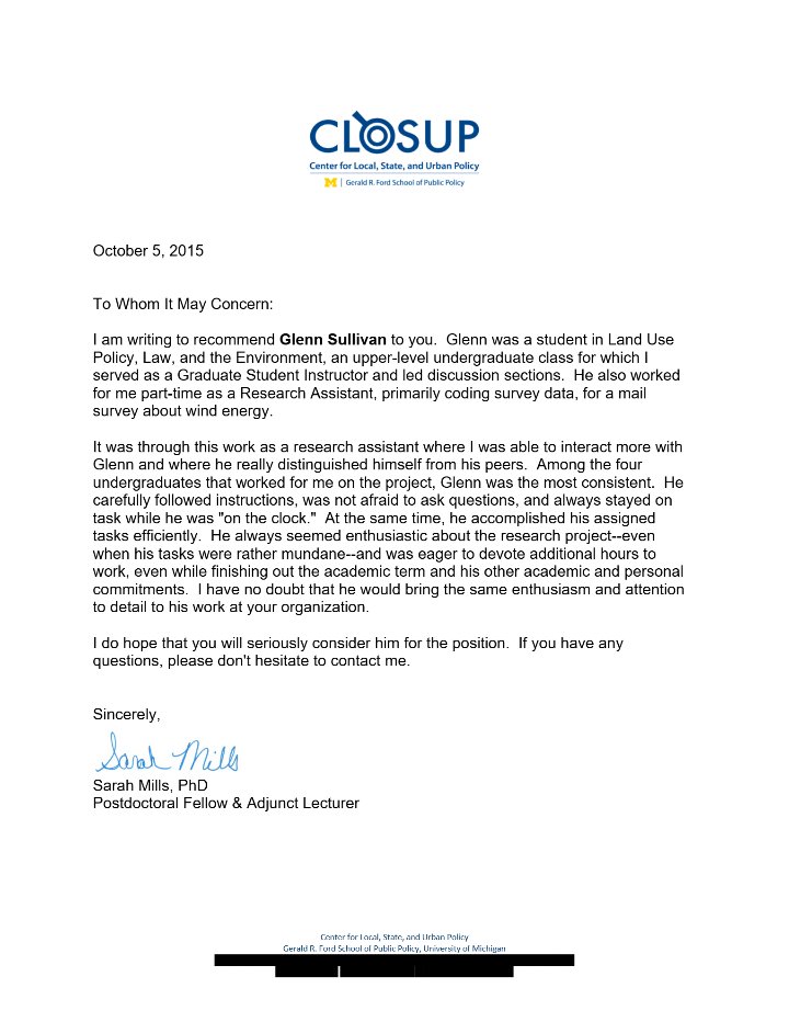 First page of the letter of recommendation from Sarah Mills, PhD