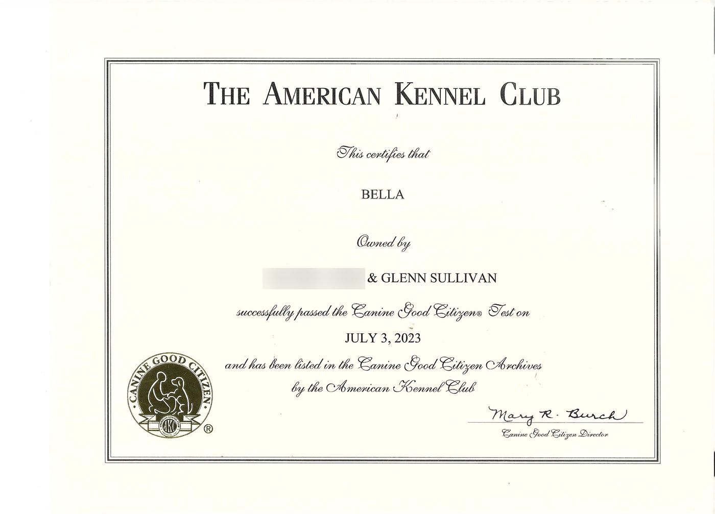Bella's American Kennel Club Canine Good Citizen certificate, July 3, 2023