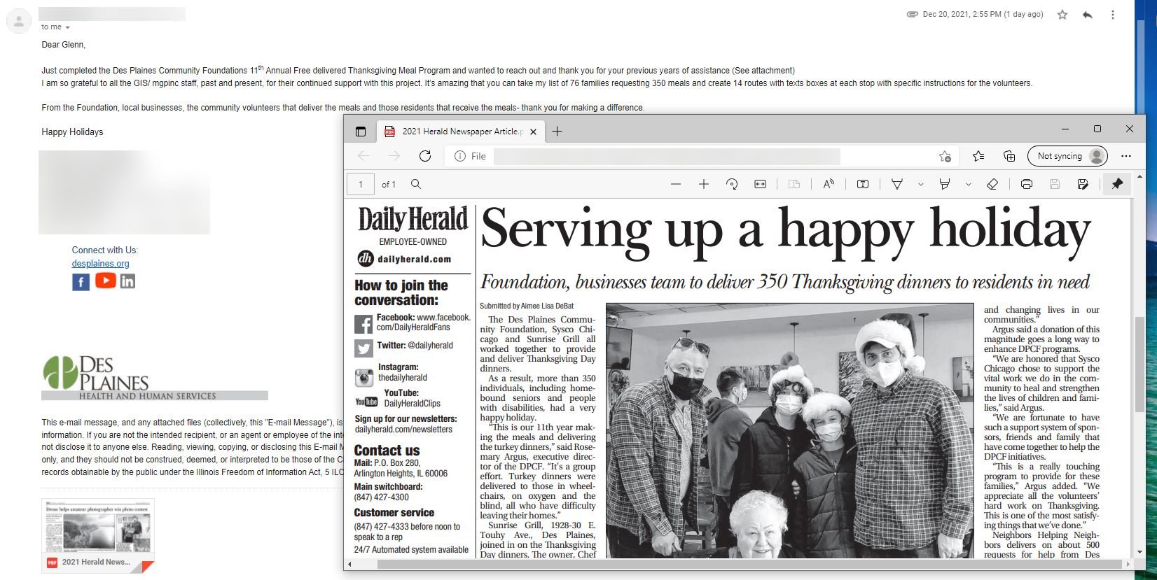 2021 thank-you email from the City of Des Plaines for Glenn's years of Thanksgiving meal delivery routes, with the Daily Herald article, personal details blurred